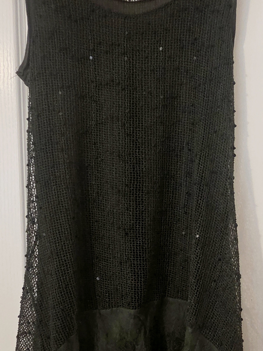 Sleeveless Olive Green Mesh Knit Tunic with Sequin Detail